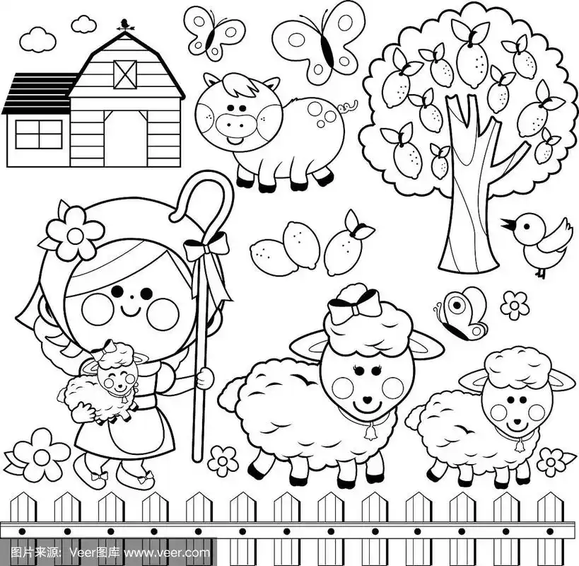牧羊女和农场的小女孩,黑白涂色书页