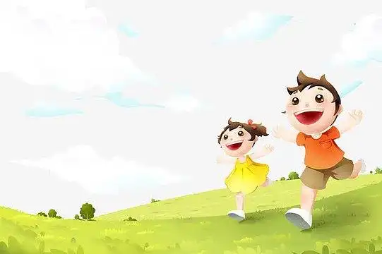 卡通手绘草地上迎风奔跑的孩子