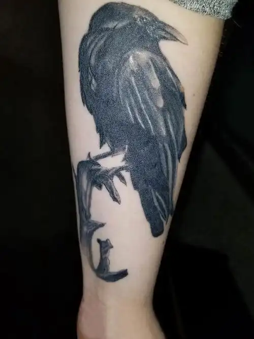 男生手臂上黑色点刺简单线条小动物乌鸦纹身图案