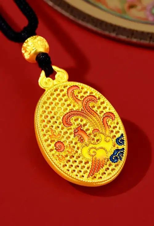 凤禧珠宝黄金吊坠足金项链女古法足金珐琅龙凤呈祥镂空吊坠送老婆妈妈