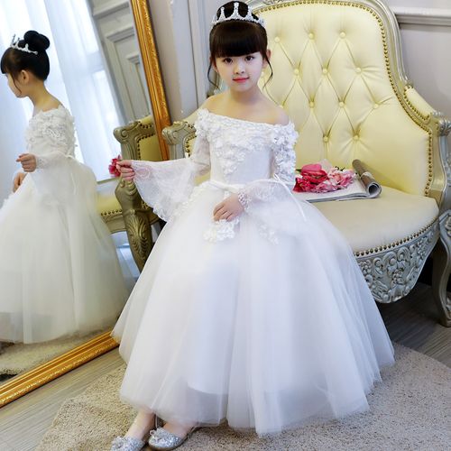 儿童礼服公主裙女童晚礼服白色长袖婚纱蓬蓬裙主持钢琴演出服花童