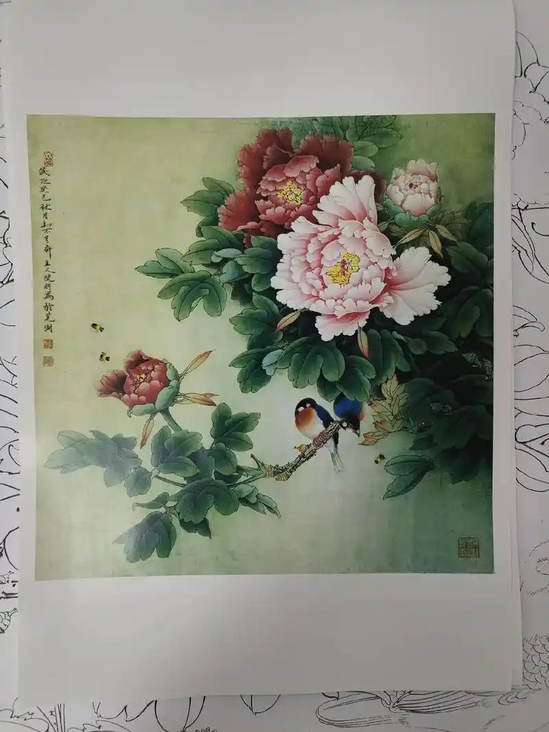 李晓明牡丹斗方9幅套图白描底稿#工笔画 #国色天香牡丹花 # - 抖音