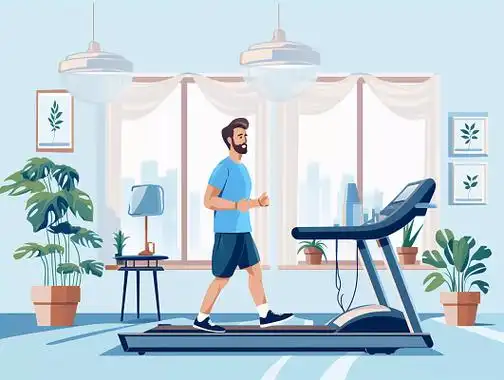 卡通手绘健身节插画室内男人在跑步机上奔跑巨大窗户绿植明亮场景插画