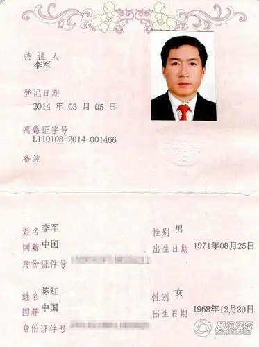 陈红前夫李军在微博晒出昔日的全家福照片以及两人的结婚证书和离婚证