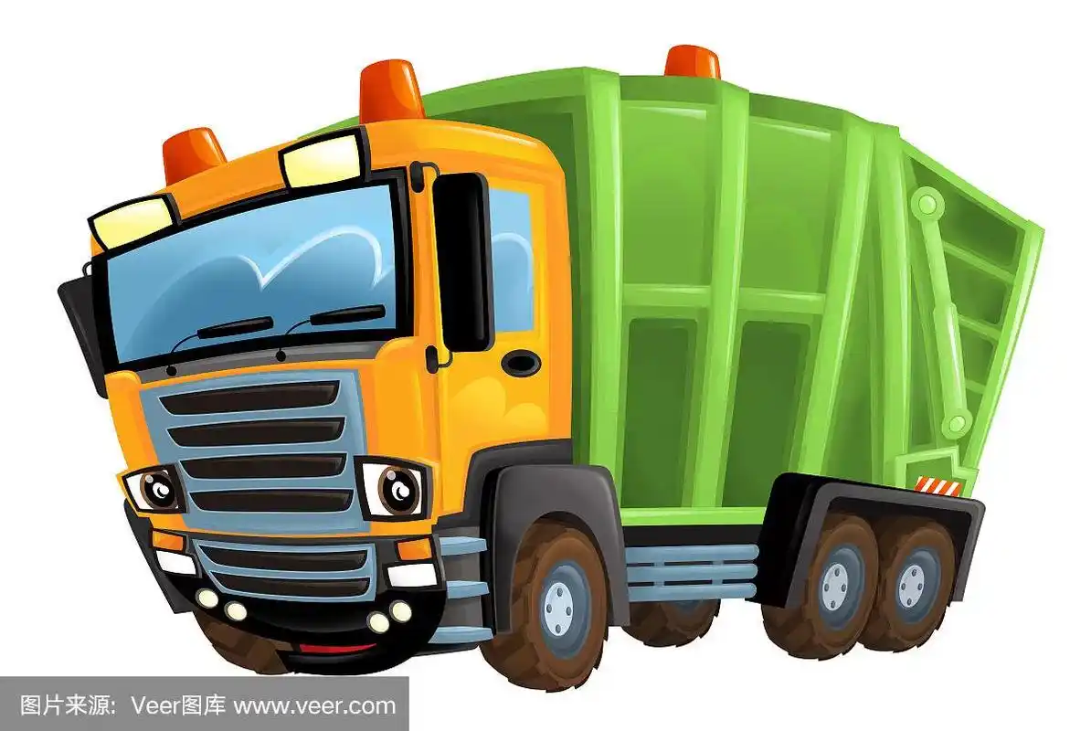 卡通场景与垃圾车在白色的背景-插图