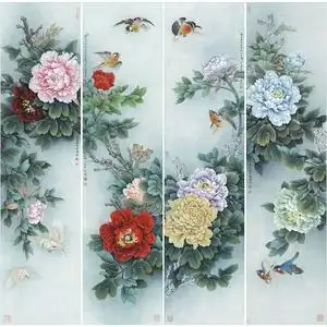 工笔国画白描底稿李晓明实物打印稿牡丹四条屏33*132共4幅含彩图