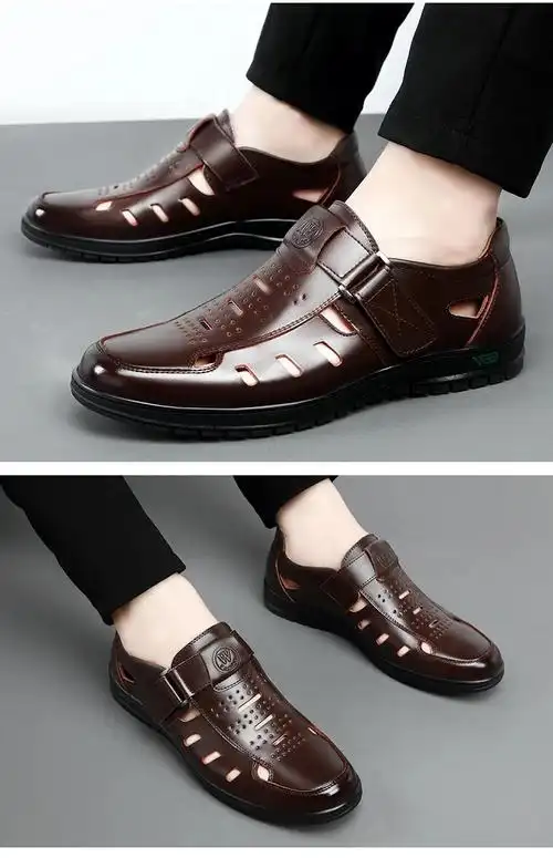 飞行员凉皮鞋男士凉鞋夏季软底洞洞鞋新款镂空休闲中年外穿 黑色 43