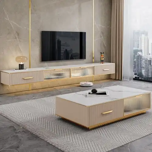 轻奢岩板悬空电视柜壁挂式茶几组合现代简约客厅小户型一体挂墙柜